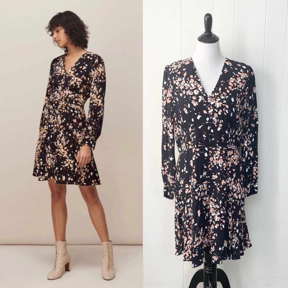 Whistles Mottled Animal Button Dress Size US 10 /UK 14 Long Sleeve Black Pink